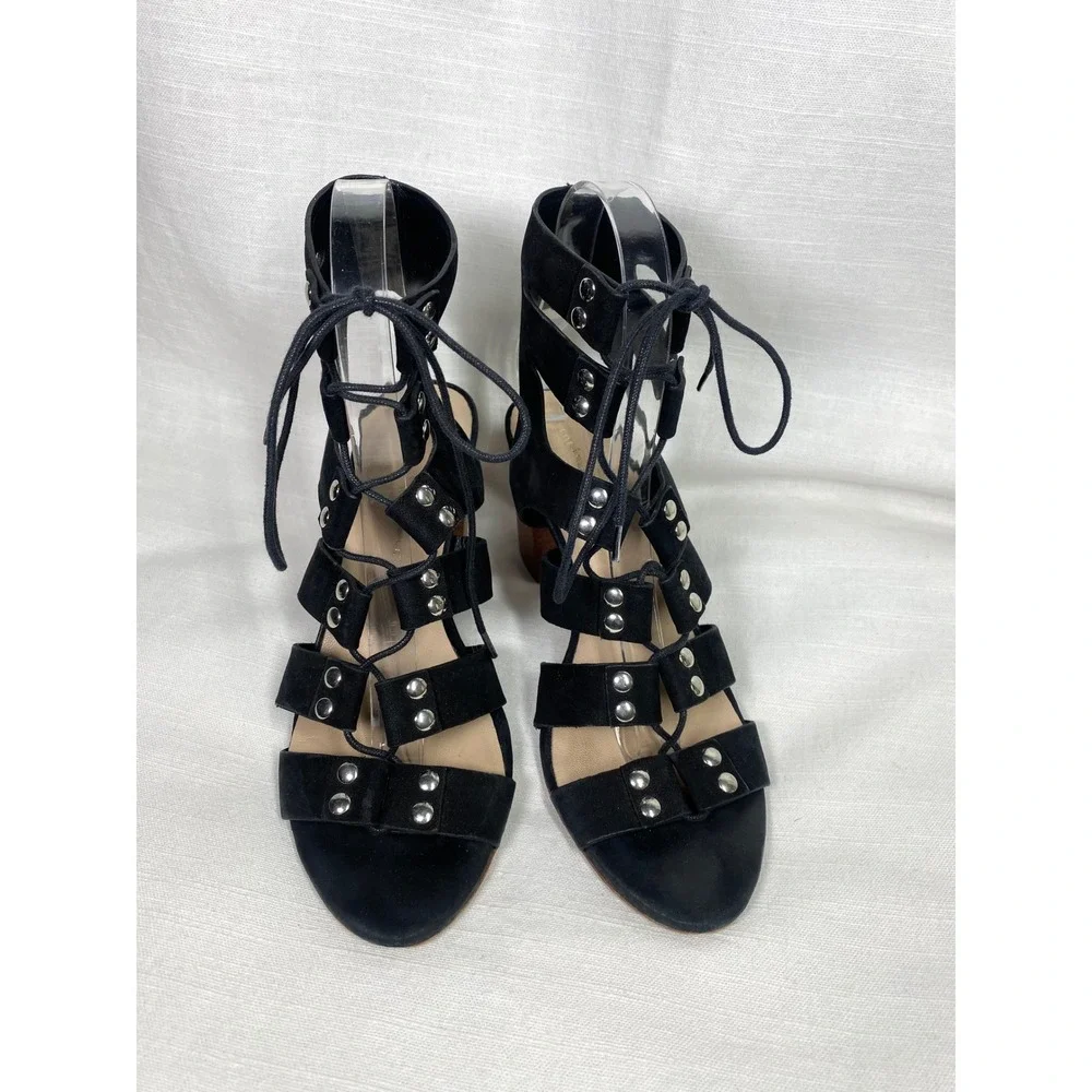 Loeffler‎ Randall Hana Lace-Up Gladiator Heeled Sandals Black Leather Size 7